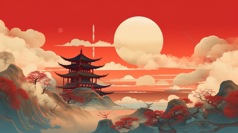 月光下山顶古建筑背景,插画/手绘图,插画/手绘图库,插画/手绘图下载,插画/手绘